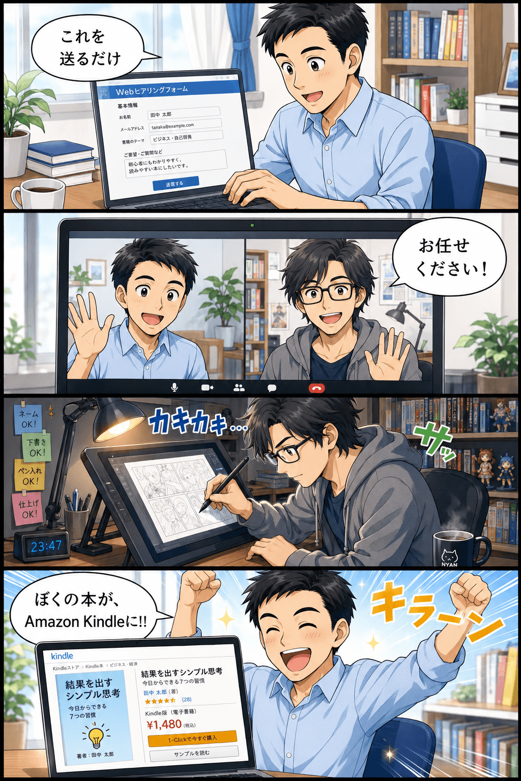 ヒアリング → 打ち合わせ → 執筆 → Amazon出版申請 ─ 4コマ漫画